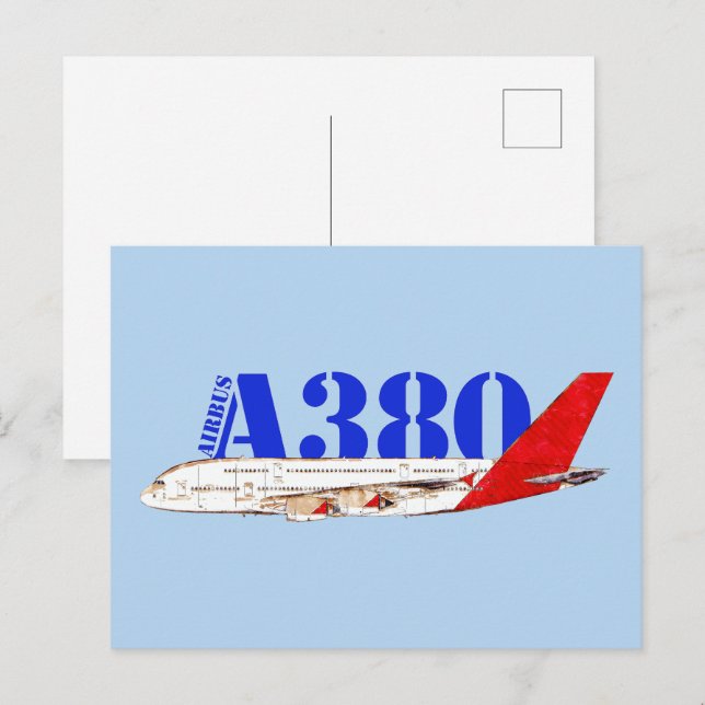 Postal Ilustracion Airbus A380 con diseño de cola roja au (Anverso / Reverso)