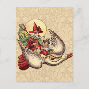 Postal Ilustración Antigüa de la Madre Gansa Niño