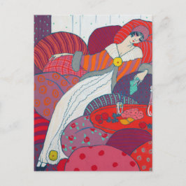 Postal Ilustración Art Déco rosa y naranja George Barbier