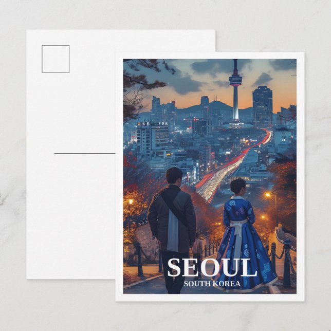 Postal Ilustracion artístico de viajes de Seúl, Corea del (Anverso / Reverso)