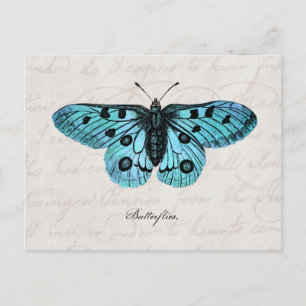 Postal Ilustracion azul verde azulado de la mariposa del