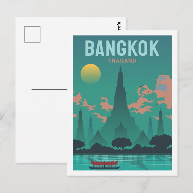 Postal Ilustracion Bangkok Tailandia famoso lugar de viaj (Anverso / Reverso)