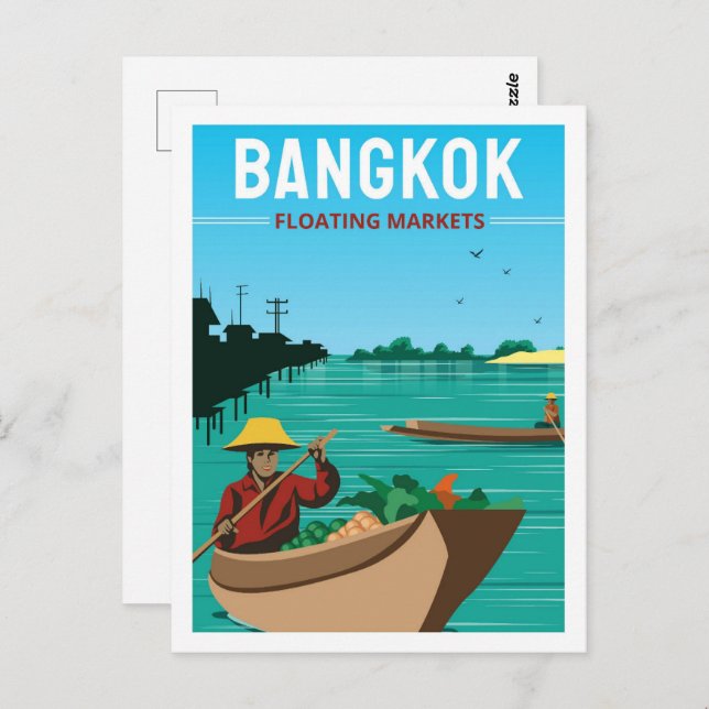 Postal Ilustracion Bangkok Tailandia famoso lugar de viaj (Anverso / Reverso)
