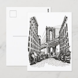 Postal Ilustracion blanco negro de Brooklyn Bridge Nueva 