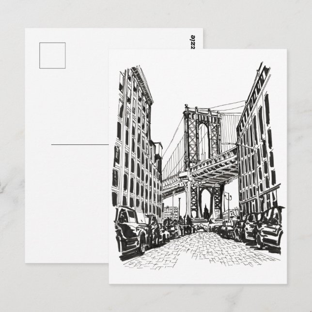 Postal Ilustracion blanco negro de Brooklyn Bridge Nueva  (Anverso / Reverso)