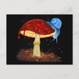 Postal Ilustracion Blue Snail Red Mushroom