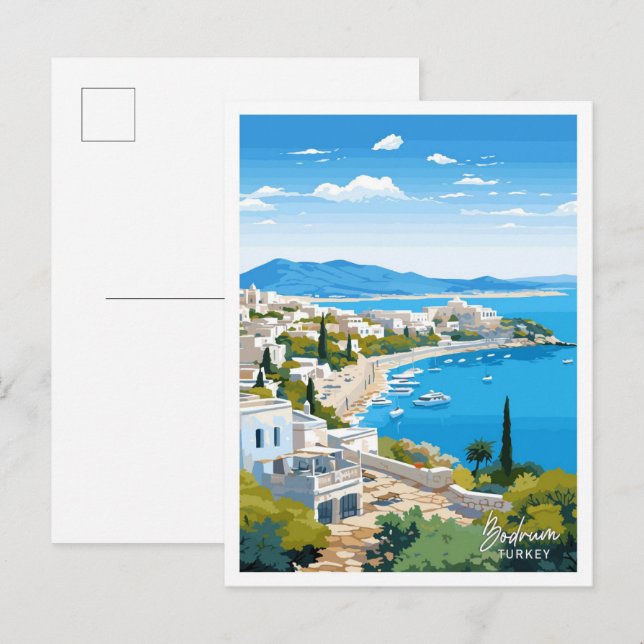Postal Ilustracion Bodrum Turkey Viaje Viejo Viejo (Anverso / Reverso)