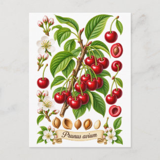 Postal Ilustración Botánica Antigua de Cereza