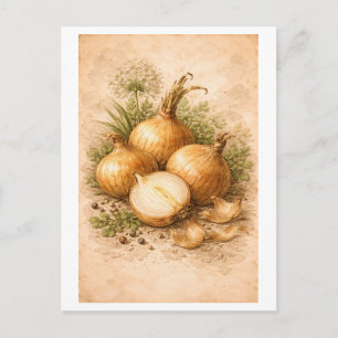 Postal Ilustración Botánica de Cebolla al Estilo Antiguo