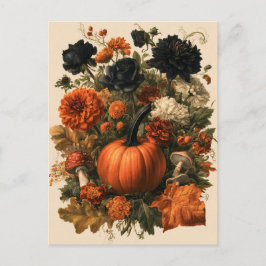 Postal Ilustración Botánica de Otoño Vintage con Calabaza