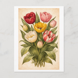 Postal Ilustración botánica de tulipanes al estilo vintag