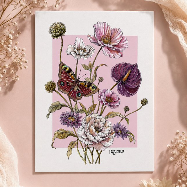 Postal Ilustración Botánica y Mariposa Caprichosa (Subido por el creador)