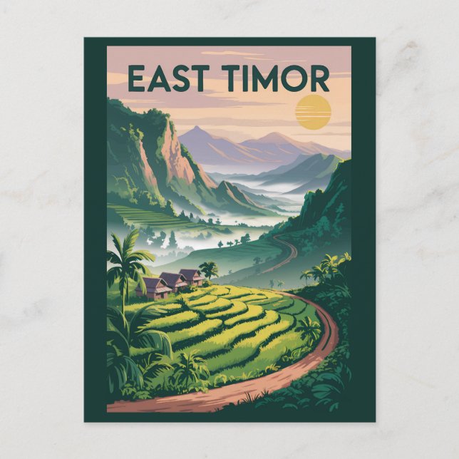 Postal Ilustracion Campos de Timor Oriental Viaje de arte (Anverso)