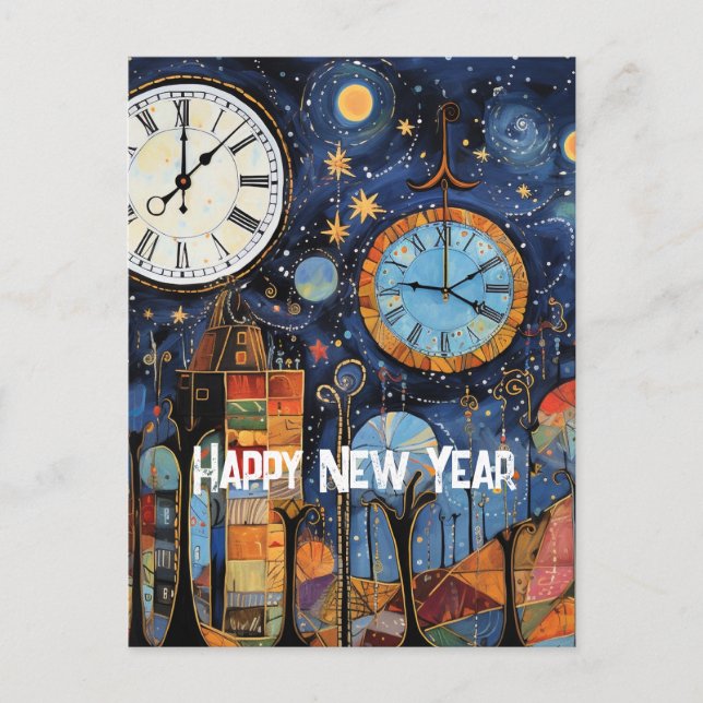 Postal Ilustración caprichosa de Año Nuevo (Anverso)