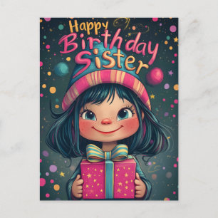 Postal Ilustración caprichosa de Feliz Cumpleaños Hermana