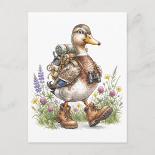 Postal Ilustración caprichosa de pato de senderismo con m