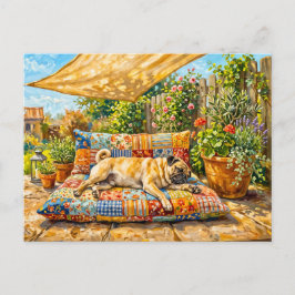 Postal Ilustración caprichosa de perro Mops en terraza de