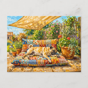 Postal Ilustración caprichosa de perro Mops en terraza de
