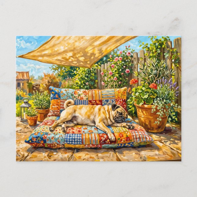Postal Ilustración caprichosa de perro Mops en terraza de (Anverso)