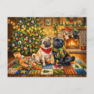 Postal Ilustración caprichosa de perros Mops en cabaña de