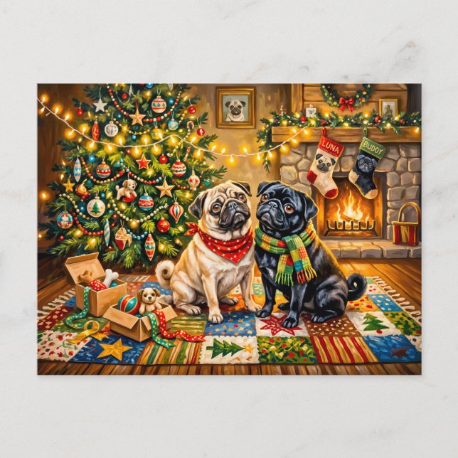 Postal Ilustración caprichosa de perros Mops en cabaña de (Anverso)