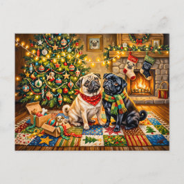 Postal Ilustración caprichosa de perros Mops en una cabañ