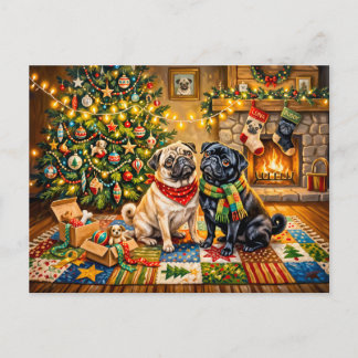 Postal Ilustración caprichosa de perros Mops en una cabañ