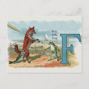 Postal Ilustración caprichosa de playa con zorro y rana v