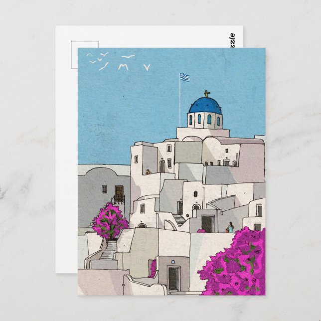 Postal Ilustracion caprichoso de Oia Santorini Island Gre (Anverso / Reverso)