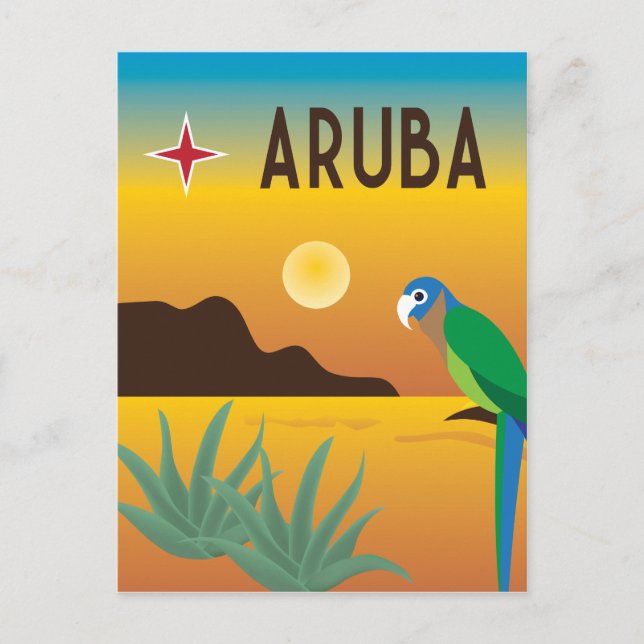 Postal Ilustración caribeña colorida de Aruba (Anverso)