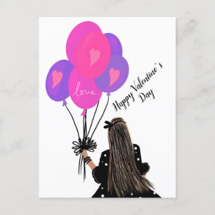 Postal Ilustración Chic de Niña con Globos para el Día de