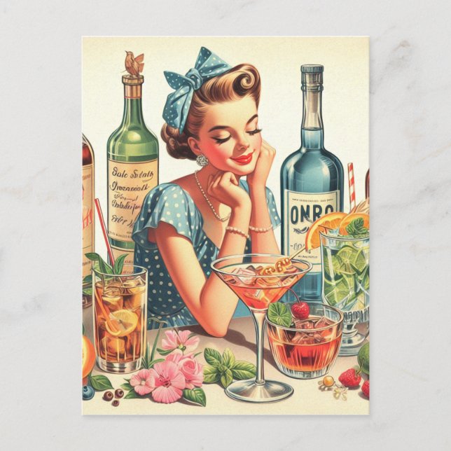 Postal Ilustracion Chica de bebida de época (Anverso)