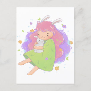 Postal Ilustracion Chica de conejo de primavera