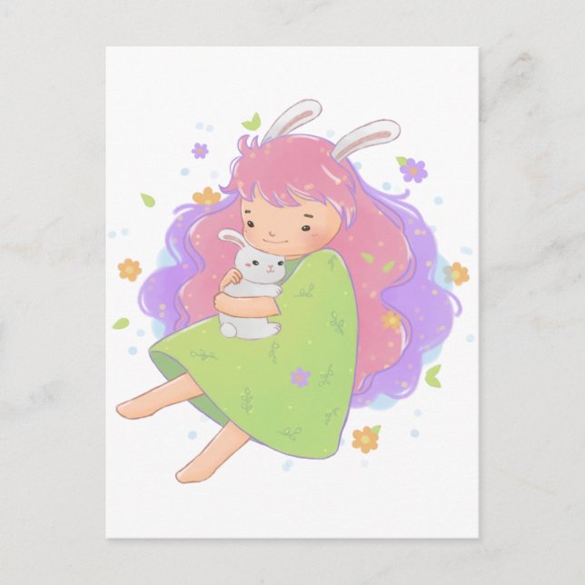 Postal Ilustracion Chica de conejo de primavera (Anverso)
