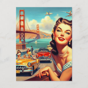 Postal Ilustracion Chica Vintage San Francisco
