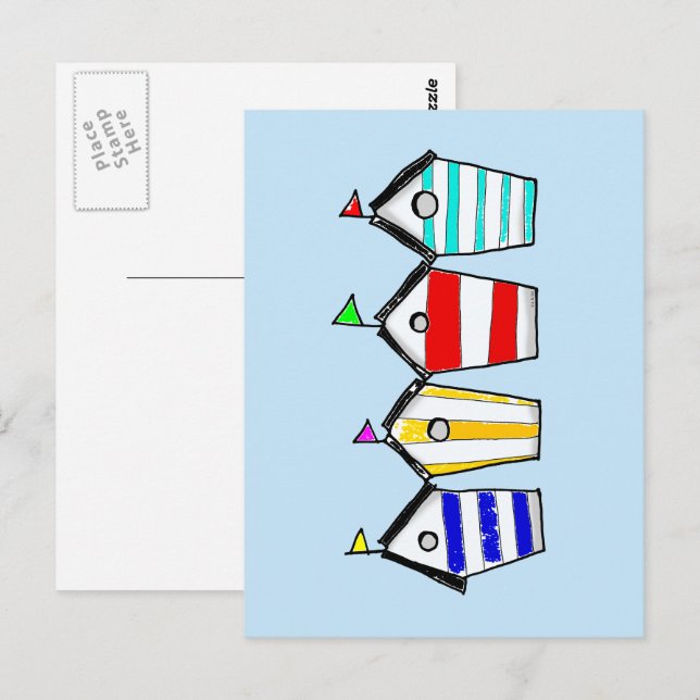 Postal Ilustración Colorida de Cabañas de Playa (Anverso / Reverso)