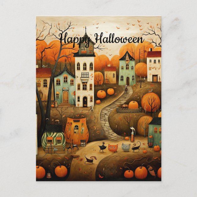 Postal Ilustración colorida de feliz Halloween (Anverso)