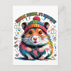 Postal Ilustración Colorida de Hámster de Invierno con Te