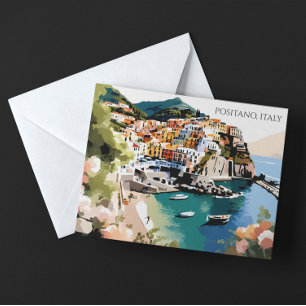 Postal Ilustración Colorida de Positano Italia Costa de A