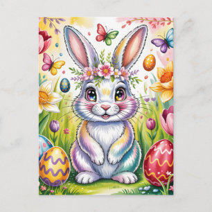 Postal Ilustración Colorida del Conejo de Pascua con Coro