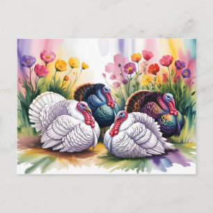Postal Ilustración Colorida en Acuarela de Pavos