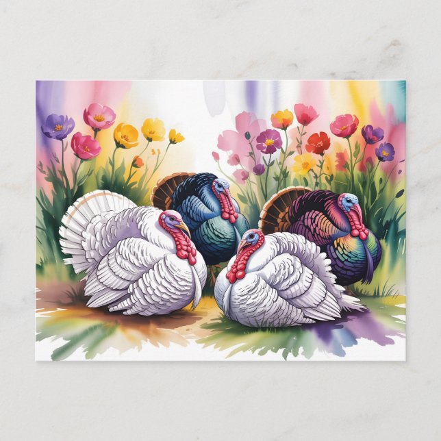 Postal Ilustración Colorida en Acuarela de Pavos  (Anverso)