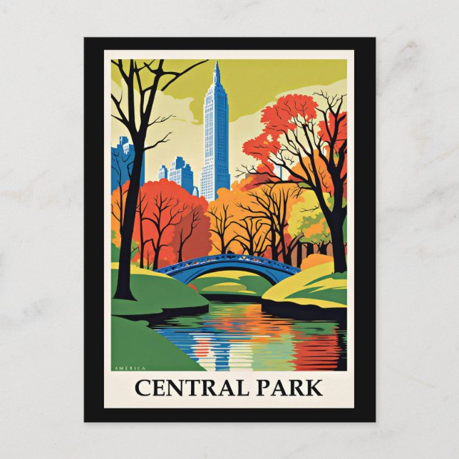 Postal Ilustracion colorido de Central Park (Anverso)