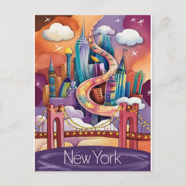 Postal ilustracion colorido de nueva york (Anverso)