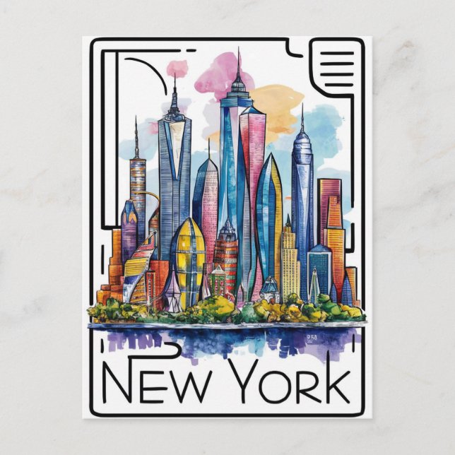 Postal ilustracion colorido de nueva york (Anverso)