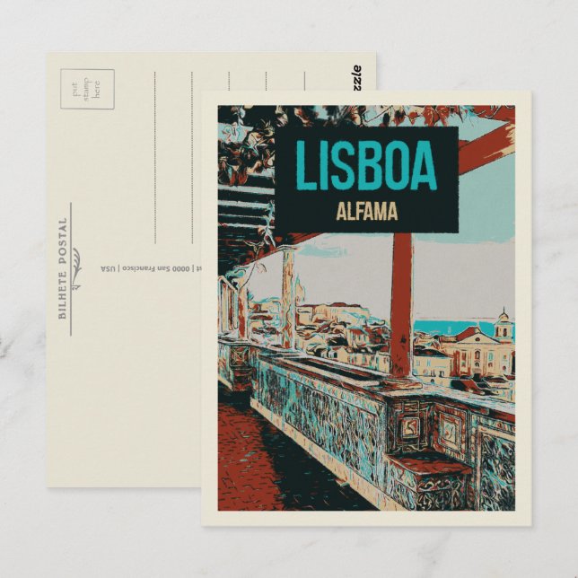Postal Ilustracion con vistas a Alfama, el encanto de Lis (Anverso / Reverso)
