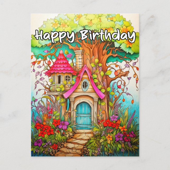 Postal Ilustración Creativa de Casa en un Árbol con Hongo (Anverso)