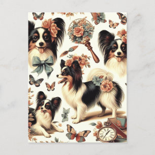 Postal Ilustracion Cute Vintage Papillon Dog