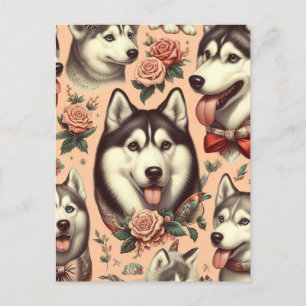 Postal Ilustracion Cute Vintage Siberian Husky
