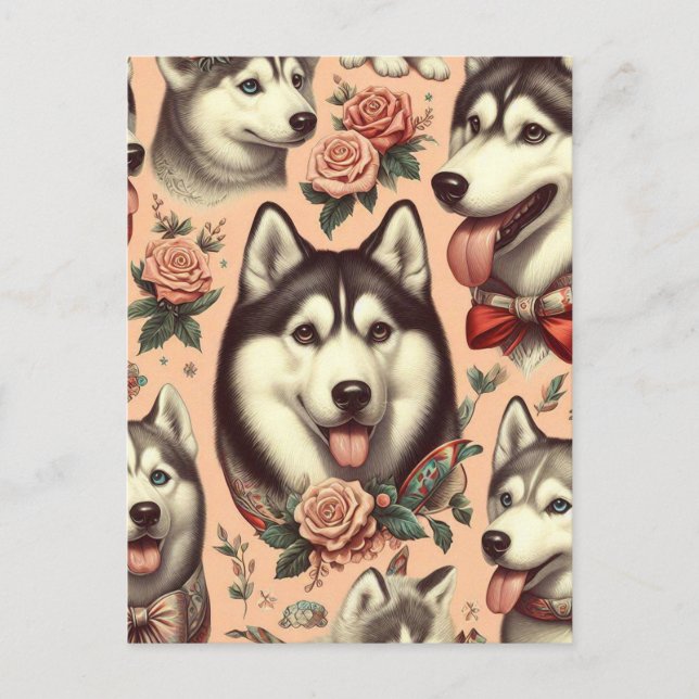Postal Ilustracion Cute Vintage Siberian Husky (Anverso)